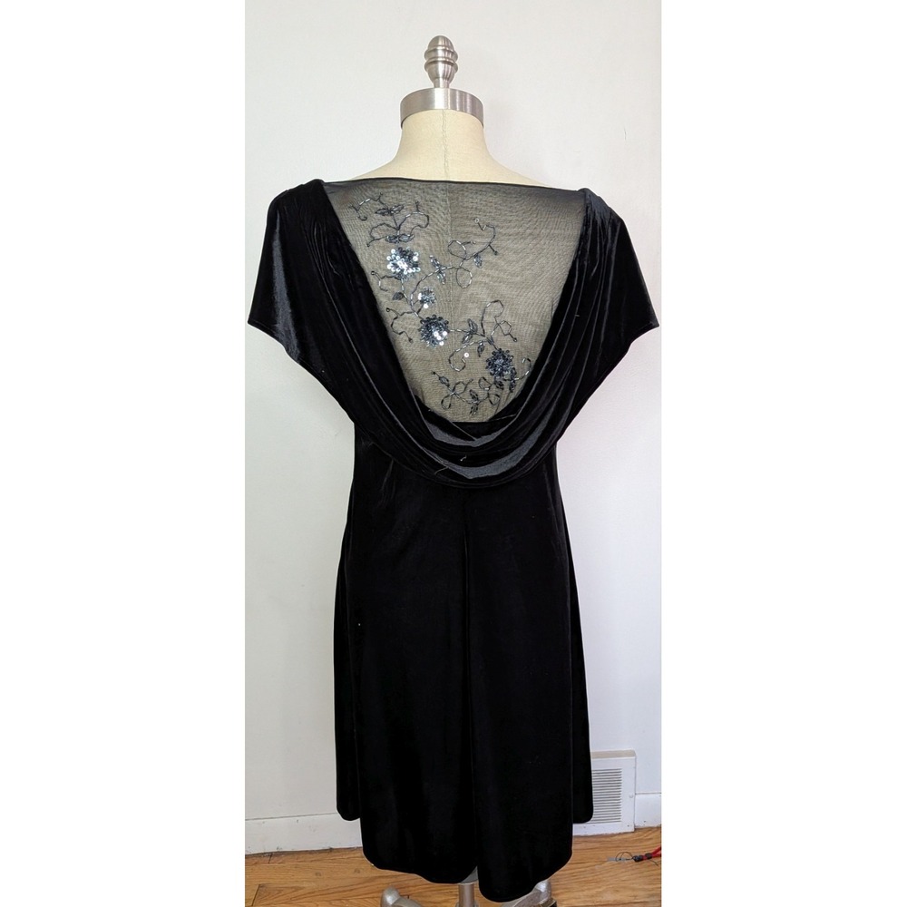 VTG Patra Black Velvet Dress Embroidered Sheer Draped Cowl Neckline Luxe Goth 16